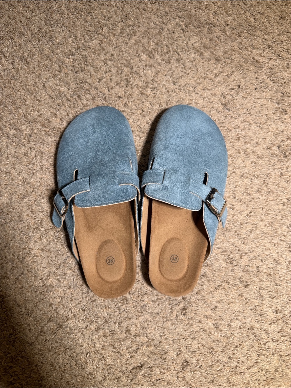 Light Blue Suede Slip-On Mules with Buckle